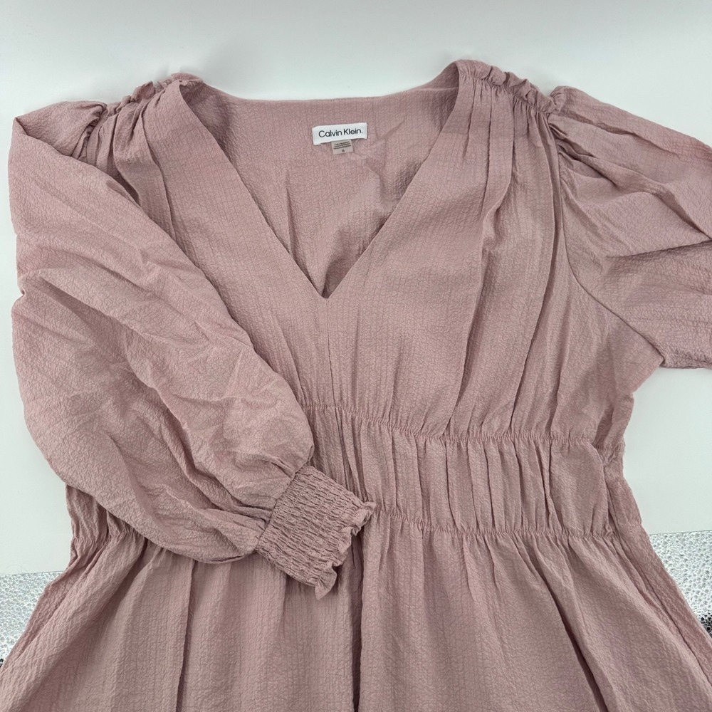 Calvin Klein Women's‎ Pink Textured V-Neck Ruffle Hem Long Sleeve Dress